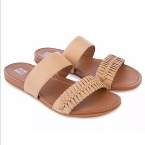 FitFlop Gracie Wrapped-Weave Faux Leather Blush Natural Slip On Slide Sandal